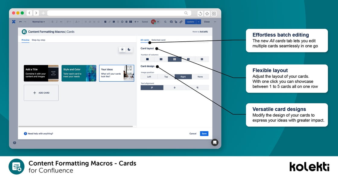 Cards macro editor window with highlights of new updates